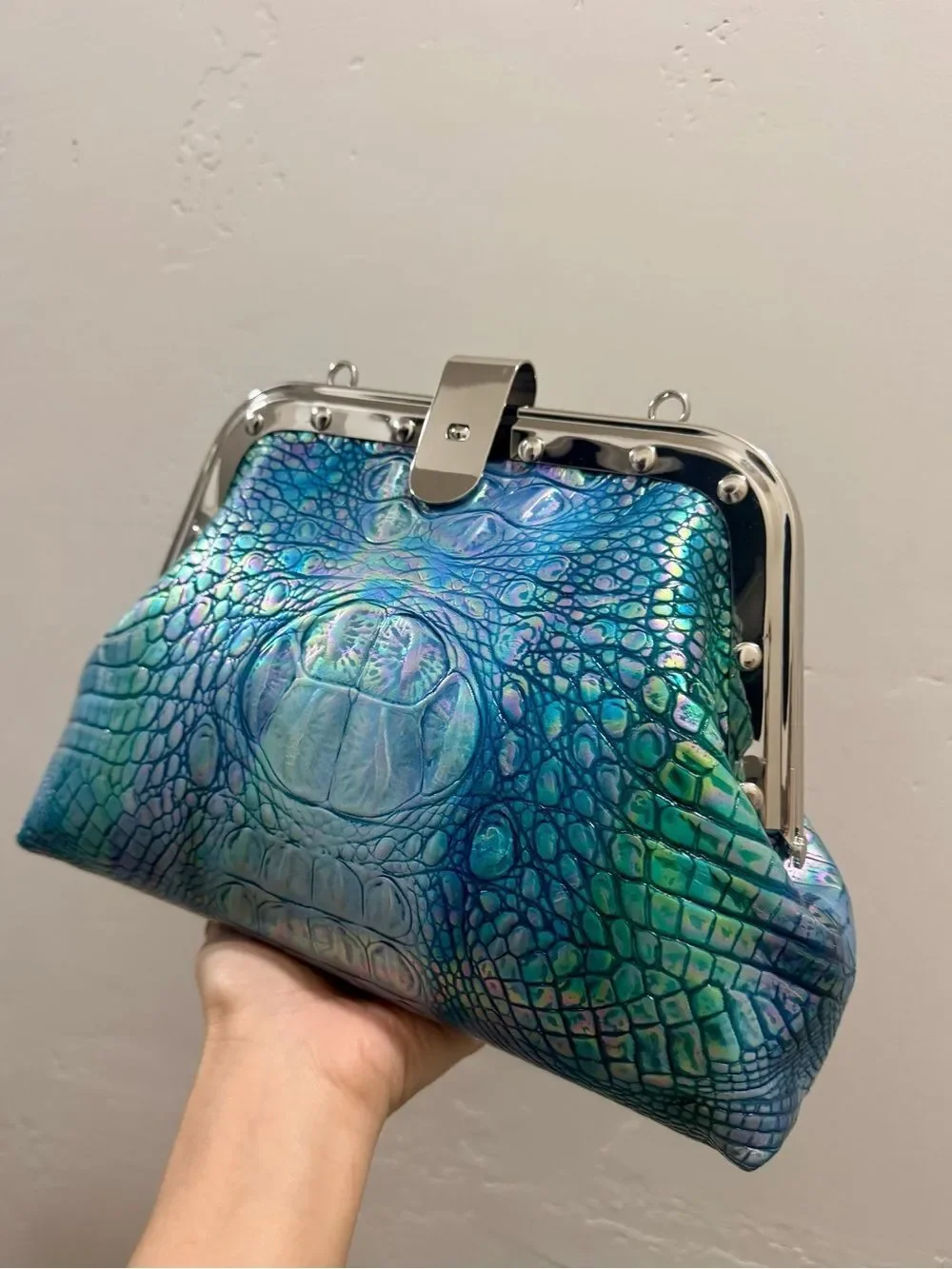 Iridescent Croc-Embossed Cowhide Handmade Unique Rivet Frame Bag, Large Size